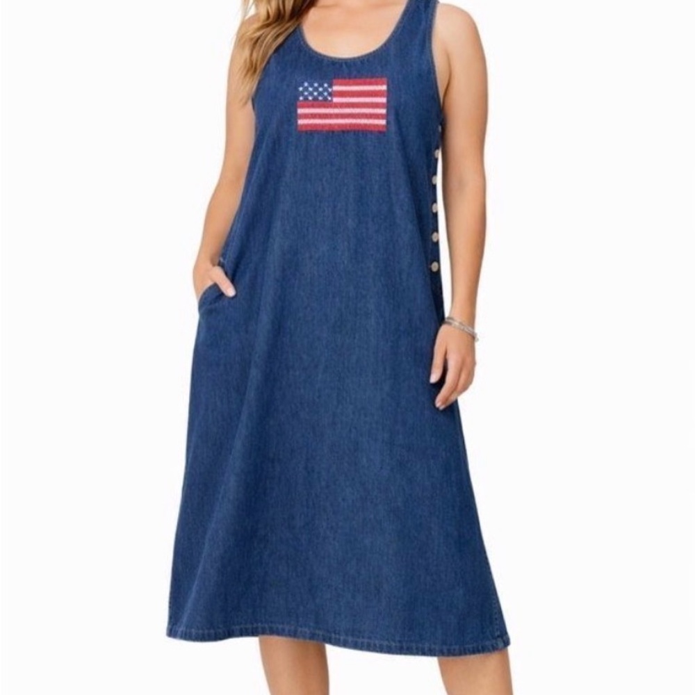 Denim Midi Dress with American Flag Patch - Picture 4 of 4